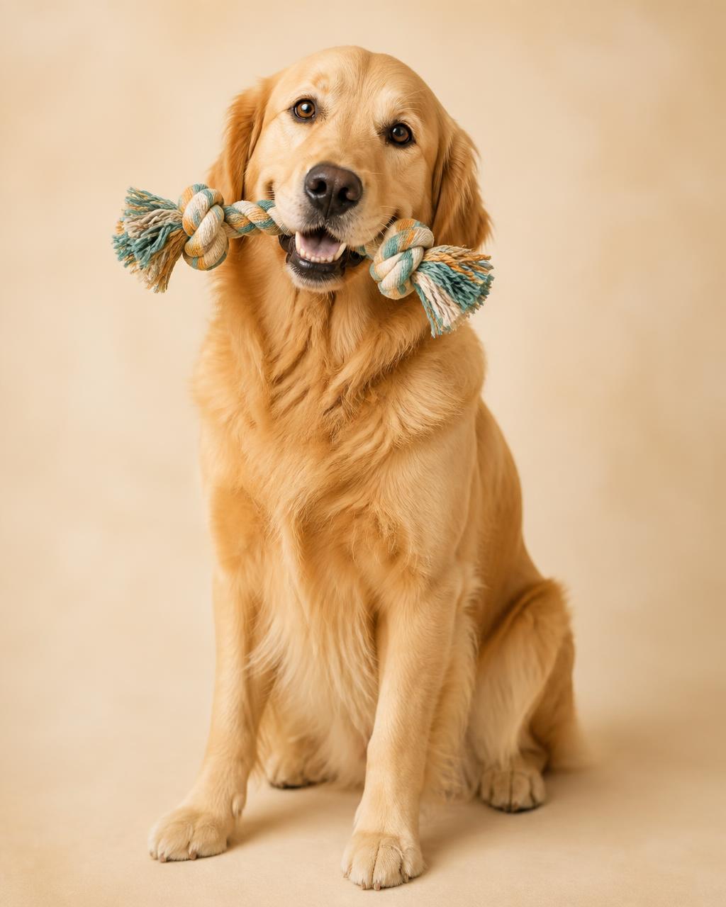 Fluffy, a golden retriever, happily holding a braided rope toy